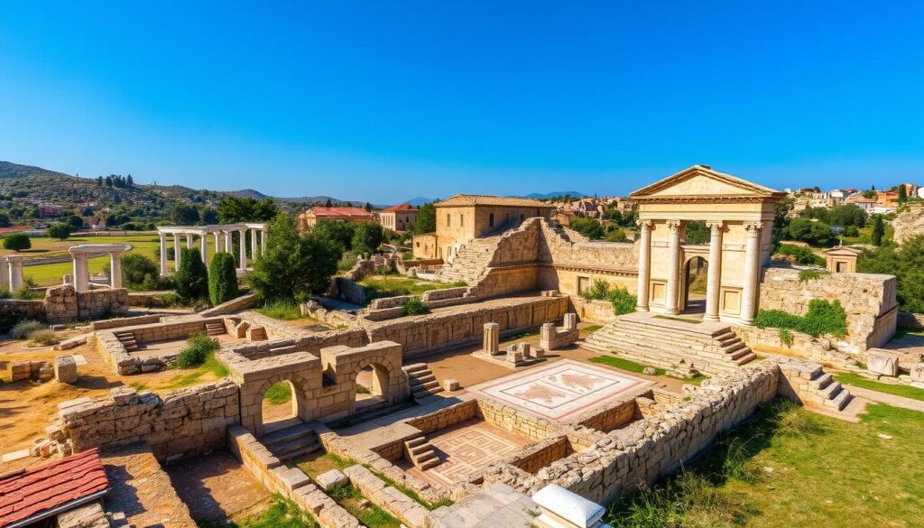 Antike Ruinen Zyperns mit kunstvollen Mosaiken und steinerner Architektur, umgeben von üppigem Grün und mediterraner Landschaft. Sonnenlicht wirft Schatten auf die historische Stätte, während ein klarer blauer Himmel im Hintergrund die Überreste einer lebendigen Zivilisation hervorhebt.