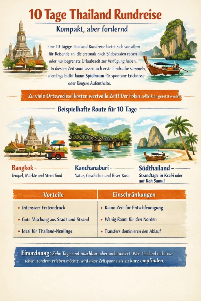 Infografik zur 10 Tage Thailand Rundreise mit Bangkok, Kanchanaburi und Strandaufenthalt in Südthailand