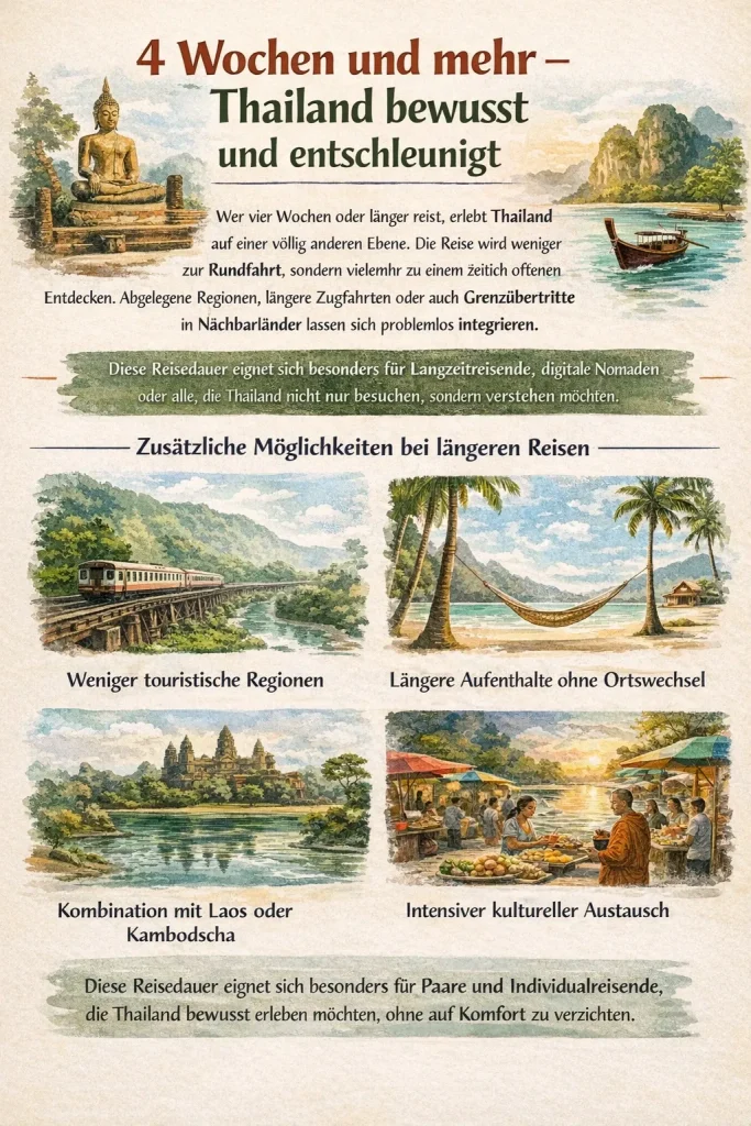 Infografik zu 4 Wochen Thailand Rundreise mit entschleunigtem Reisen, Kultur, Natur und regionaler Vielfalt