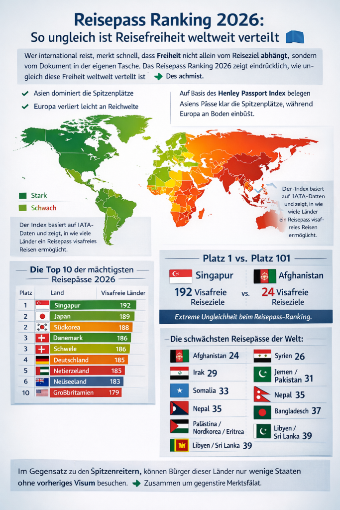 Reisepass Ranking 2026 – stärkste und schwächste Reisepässe weltweit im Vergleich