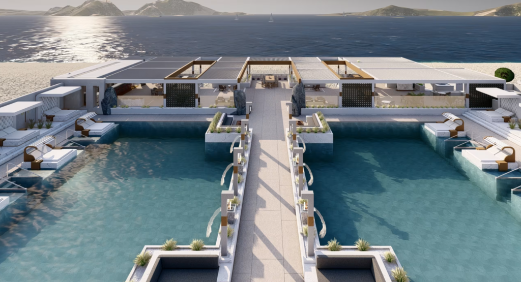 Modernes Spa- und Poolareal des 5* DICOSTA seaside Hotel & Spa auf Kos mit direkter Meerlage und Steg über Wasserbecken