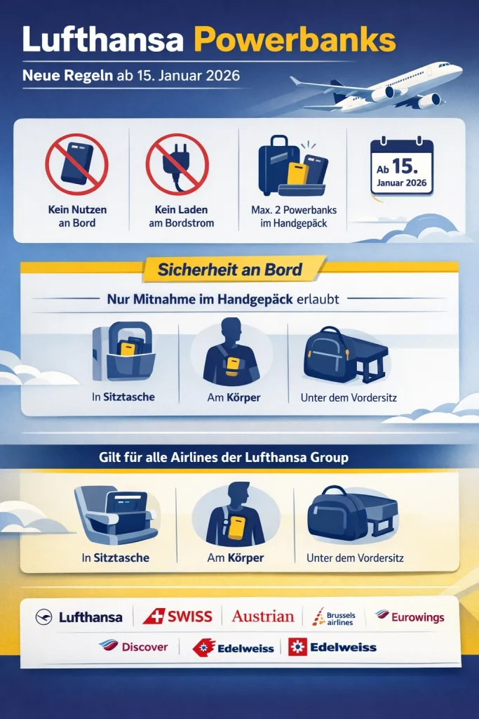 Infografik zu Lufthansa Powerbanks mit neuen Regeln ab 15. Januar 2026 für Nutzung und Mitnahme an Bord