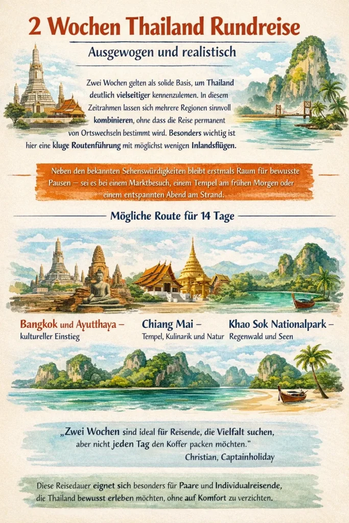 Infografik zur 2 Wochen Thailand Rundreise mit Bangkok, Ayutthaya, Chiang Mai und Khao Sok Nationalpark