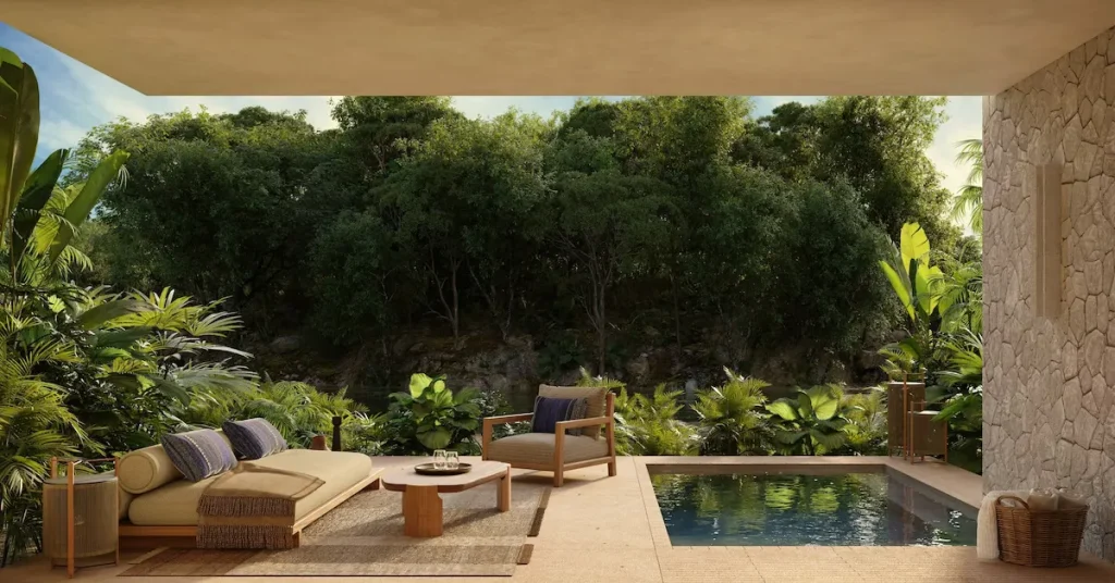 Außenbereich des Alila Mayakoba mit tropischer Gartenlandschaft nahe dem Privatstrand an der Riviera Maya