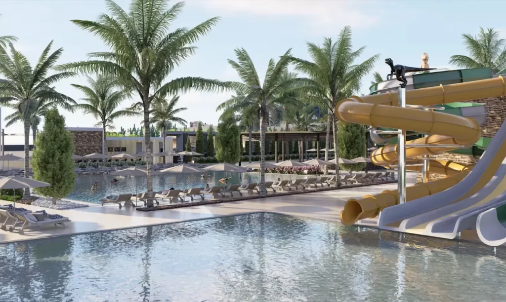 Poolanlage mit Wasserrutschen im Sentido Palmeras Lumare in Konakli an der T&uuml;rkischen Riviera, moderne Hotelneuer&ouml;ffnung 2026