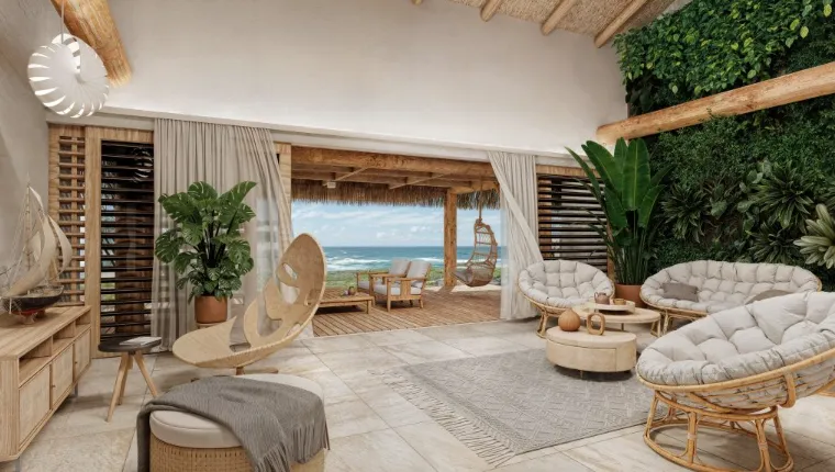Innenraum der Strandvilla im Aventora Resort Baía Formosa – moderner Boho-Stil