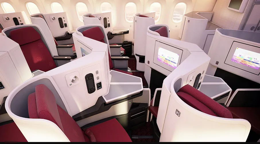 Business Class Kabine von Hainan Airlines auf der Strecke Oslo nach Shanghai mit Lie-Flat-Sitzen