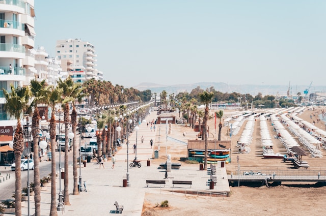 Strandpromenade mit Palmen und Meerblick