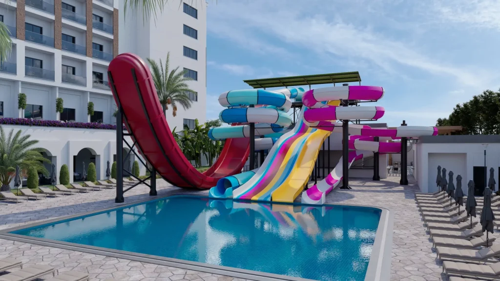 Der Aquapark des Raxeria Hotels bietet Euch bunte Wasserrutschen, Poolbereich und Urlaubsfeeling nahe Side.