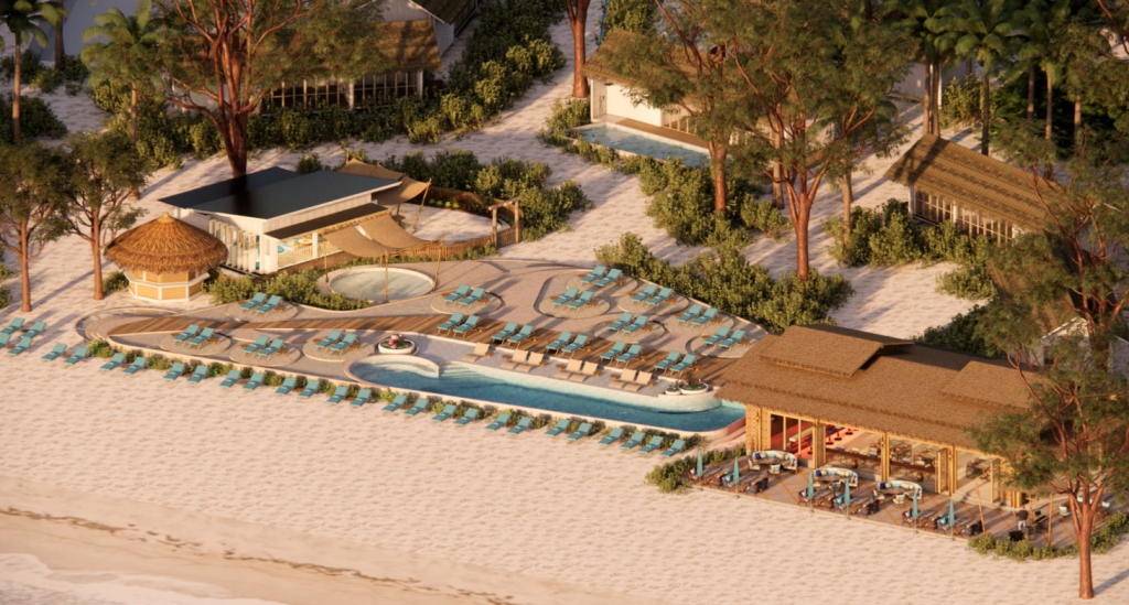 Rendering des Poolbereichs im OUTRIGGER Phi Phi Island Resort mit Strandrestaurant und tropischer Gartenanlage