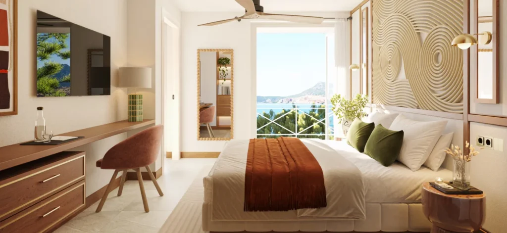 Modernes Zimmer im Iberostar Selection Montenegro mit Doppelbett, Balkon und Blick auf die Adriak&uuml;ste