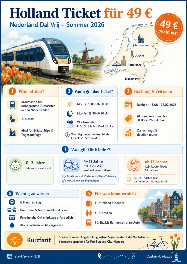 Infografik zum Holland Ticket für 49 € pro Monat mit Infos zur Gültigkeit, Buchung, Kinderregelung und Nutzung von Nederland Dal Vrij im Sommer 2026