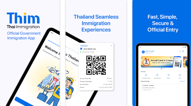 Reisende am Flughafen nutzen Thailand THIM-App