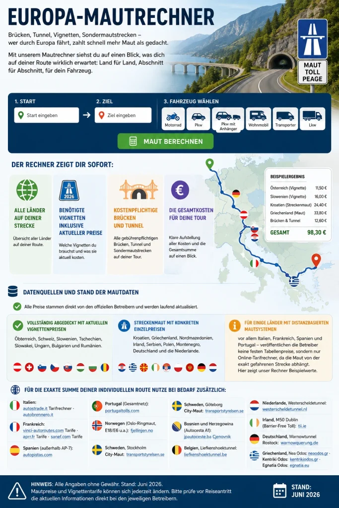 Infografik zum Europa-Mautrechner mit Route, Fahrzeugauswahl, Vignettenpreisen, Brücken, Tunneln und Gesamtkosten für Reisen durch Europa
