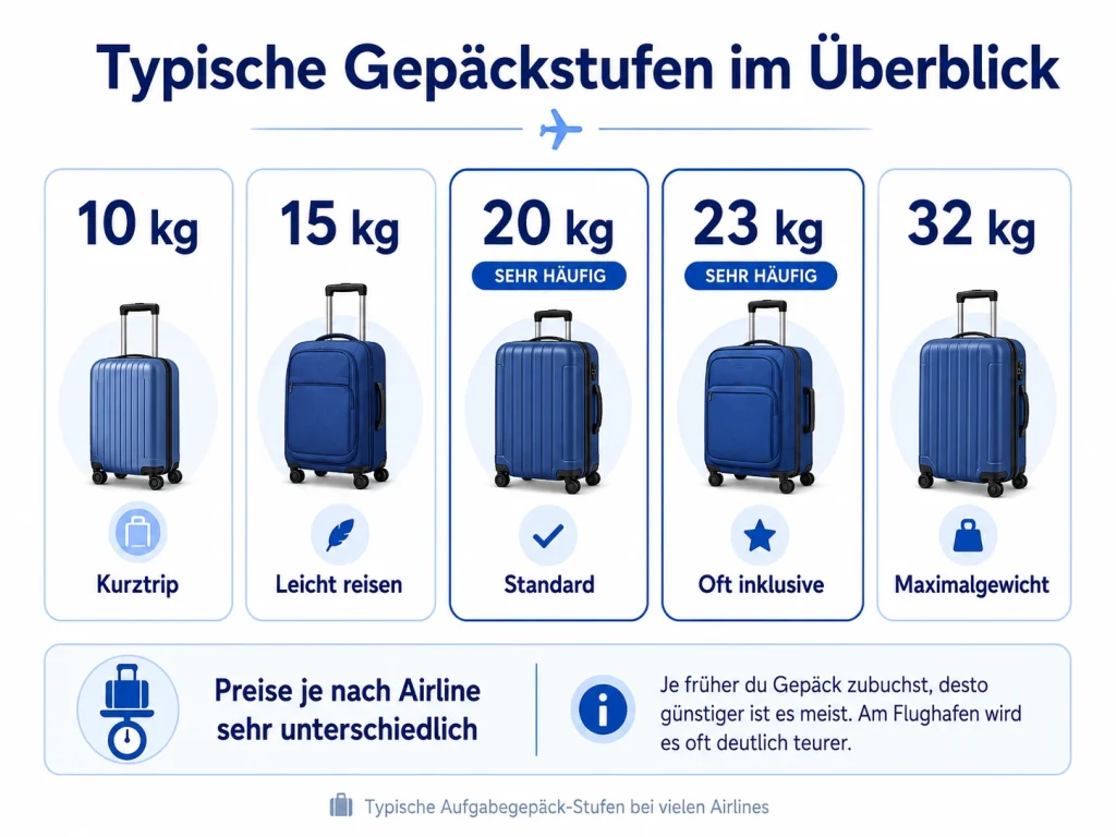 Infografik zu typischen Gepäckstufen von 10 kg, 15 kg, 20 kg, 23 kg und 32 kg im Gepäck-Rechner