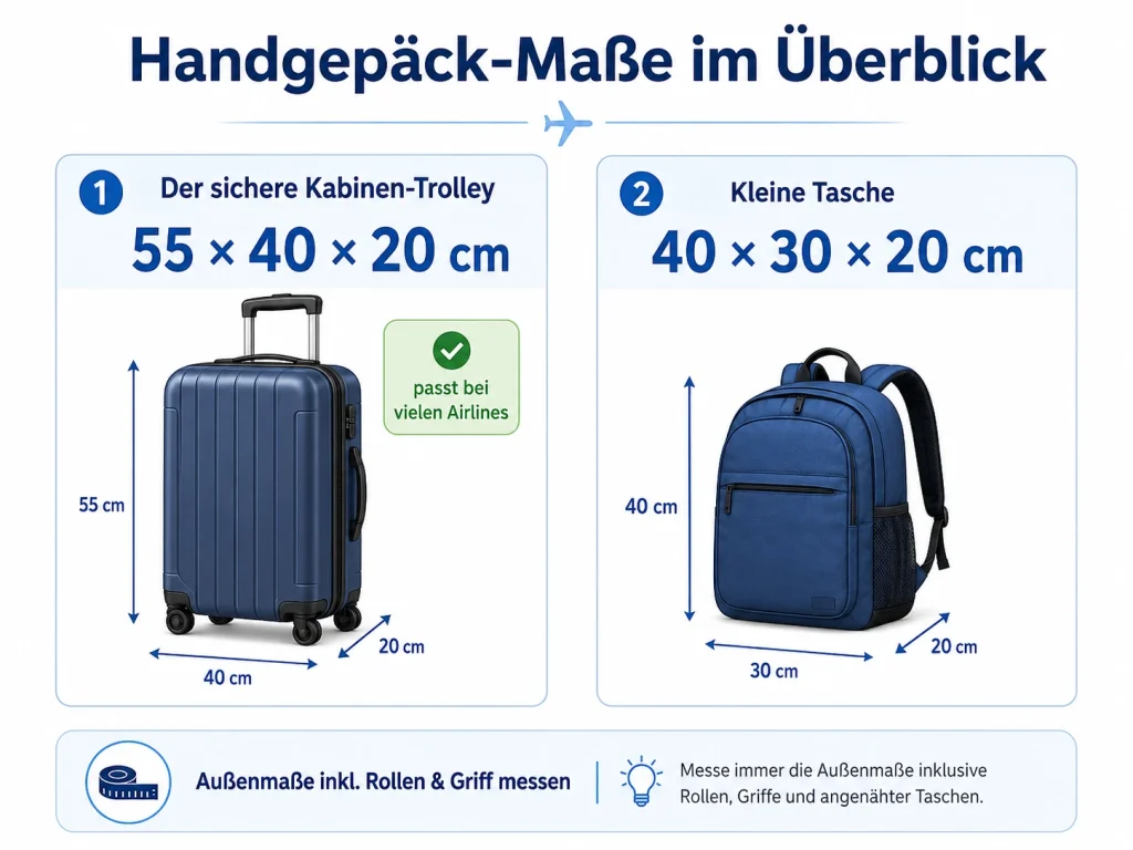Infografik zu Handgepäck-Maßen mit Kabinen-Trolley 55 x 40 x 20 cm und kleiner Tasche 40 x 30 x 20 cm